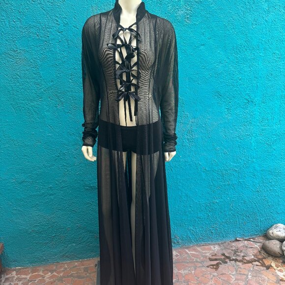 Catherine Coatney vintage black mesh duster coat robe goth small medium EUC - Picture 1 of 5